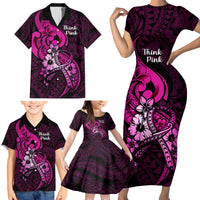 Polynesia Breast Cancer Awareness Family Matching Short Sleeve Bodycon Dress and Hawaiian Shirt Think Pink Polynesian Ribbon Black Version - Wonder Print Shop