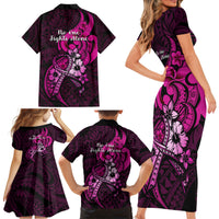 Polynesia Breast Cancer Awareness Family Matching Short Sleeve Bodycon Dress and Hawaiian Shirt Think Pink Polynesian Ribbon Black Version - Wonder Print Shop