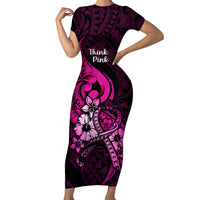 Polynesia Breast Cancer Awareness Family Matching Short Sleeve Bodycon Dress and Hawaiian Shirt Think Pink Polynesian Ribbon Black Version - Wonder Print Shop