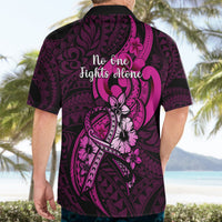 Black short-sleeve Hawaiian shirt with pink 'No One Fights Alone' back print