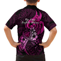Black Hawaiian shirt with pink 'No One Fights Alone' back design