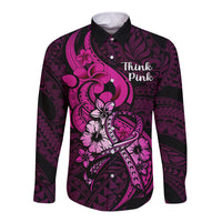 Polynesia Breast Cancer Awareness Long Sleeve Button Shirt Think Pink Polynesian Ribbon Black Version - Wonder Print Shop