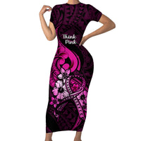 Polynesia Breast Cancer Awareness Short Sleeve Bodycon Dress Think Pink Polynesian Ribbon Black Version - Wonder Print Shop