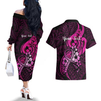 Personalised Polynesia Breast Cancer Awareness Couples Matching Off The Shoulder Long Sleeve Dress and Hawaiian Shirt Think Pink Polynesian Ribbon Black Version - Wonder Print Shop