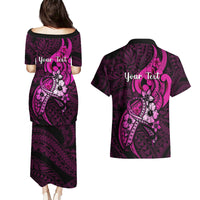 Personalised Polynesia Breast Cancer Awareness Couples Matching Puletasi Dress and Hawaiian Shirt Think Pink Polynesian Ribbon Black Version - Wonder Print Shop