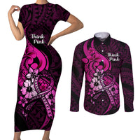 Personalised Polynesia Breast Cancer Awareness Couples Matching Short Sleeve Bodycon Dress and Long Sleeve Button Shirts Think Pink Polynesian Ribbon Black Version - Wonder Print Shop