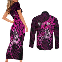 Personalised Polynesia Breast Cancer Awareness Couples Matching Short Sleeve Bodycon Dress and Long Sleeve Button Shirts Think Pink Polynesian Ribbon Black Version - Wonder Print Shop