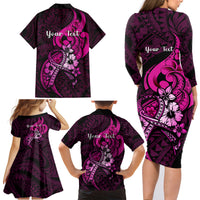 Personalised Polynesia Breast Cancer Awareness Family Matching Long Sleeve Bodycon Dress and Hawaiian Shirt Think Pink Polynesian Ribbon Black Version - Wonder Print Shop