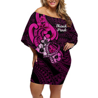 Personalised Polynesia Breast Cancer Awareness Family Matching Off Shoulder Short Dress and Hawaiian Shirt Think Pink Polynesian Ribbon Black Version - Wonder Print Shop