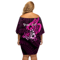 Personalised Polynesia Breast Cancer Awareness Family Matching Off Shoulder Short Dress and Hawaiian Shirt Think Pink Polynesian Ribbon Black Version - Wonder Print Shop