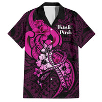 Black button-up Hawaiian shirt with pink floral ribbon and “Think Pink” graphic