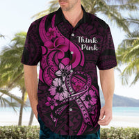 Adult black button-up Hawaiian shirt with pink ribbon, floral patterns, and “Think Pink”