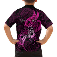 Kids black button-up Hawaiian shirt back with pink “Your Text” and ribbon graphic