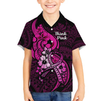 Personalised Polynesia Breast Cancer Awareness Kid Hawaiian Shirt Think Pink Polynesian Ribbon Black Version - Wonder Print Shop