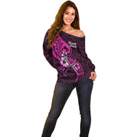 Personalised Polynesia Breast Cancer Awareness Off Shoulder Sweater Think Pink Polynesian Ribbon Black Version - Wonder Print Shop