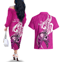 Polynesia Breast Cancer Awareness Couples Matching Off The Shoulder Long Sleeve Dress and Hawaiian Shirt Think Pink Polynesian Ribbon White Version - Wonder Print Shop
