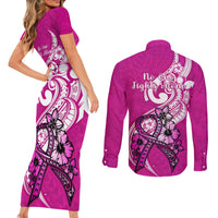 Polynesia Breast Cancer Awareness Couples Matching Short Sleeve Bodycon Dress and Long Sleeve Button Shirts Think Pink Polynesian Ribbon White Version - Wonder Print Shop