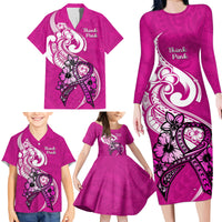 Polynesia Breast Cancer Awareness Family Matching Long Sleeve Bodycon Dress and Hawaiian Shirt Think Pink Polynesian Ribbon White Version - Wonder Print Shop