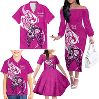 Polynesia Breast Cancer Awareness Family Matching Off Shoulder Long Sleeve Dress and Hawaiian Shirt Think Pink Polynesian Ribbon White Version - Wonder Print Shop