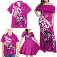 Polynesia Breast Cancer Awareness Family Matching Off Shoulder Maxi Dress and Hawaiian Shirt Think Pink Polynesian Ribbon White Version - Wonder Print Shop