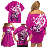 Polynesia Breast Cancer Awareness Family Matching Off Shoulder Short Dress and Hawaiian Shirt Think Pink Polynesian Ribbon White Version - Wonder Print Shop