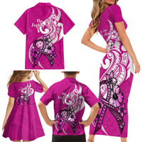 Polynesia Breast Cancer Awareness Family Matching Short Sleeve Bodycon Dress and Hawaiian Shirt Think Pink Polynesian Ribbon White Version - Wonder Print Shop
