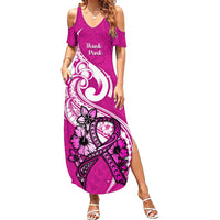 Polynesia Breast Cancer Awareness Family Matching Summer Maxi Dress and Hawaiian Shirt Think Pink Polynesian Ribbon White Version - Wonder Print Shop