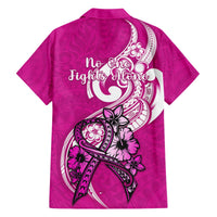 Pink Hawaiian shirt with back print showing ribbon bow and 'No one fights alone' text.