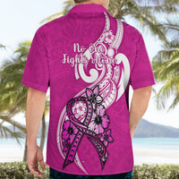 Pink Hawaiian shirt with 'No one fights alone' back print and ribbon bow graphic.