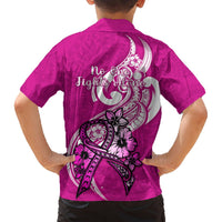 Back of pink Hawaiian shirt with 'No one fights alone' ribbon bow graphic.