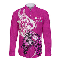 Polynesia Breast Cancer Awareness Long Sleeve Button Shirt Think Pink Polynesian Ribbon White Version - Wonder Print Shop