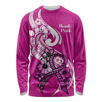 Polynesia Breast Cancer Awareness Long Sleeve Shirt Think Pink Polynesian Ribbon White Version - Wonder Print Shop