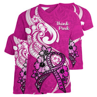 Polynesia Breast Cancer Awareness Women V Neck T Shirt Think Pink Polynesian Ribbon White Version - Wonder Print Shop