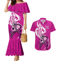 Personalised Polynesia Breast Cancer Awareness Couples Matching Mermaid Dress and Hawaiian Shirt Think Pink Polynesian Ribbon White Version - Wonder Print Shop