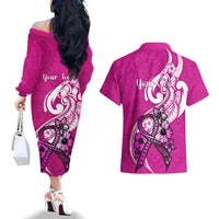 Personalised Polynesia Breast Cancer Awareness Couples Matching Off The Shoulder Long Sleeve Dress and Hawaiian Shirt Think Pink Polynesian Ribbon White Version - Wonder Print Shop