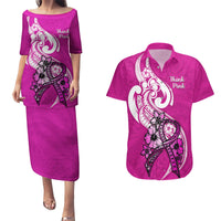 Personalised Polynesia Breast Cancer Awareness Couples Matching Puletasi Dress and Hawaiian Shirt Think Pink Polynesian Ribbon White Version - Wonder Print Shop