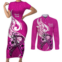 Personalised Polynesia Breast Cancer Awareness Couples Matching Short Sleeve Bodycon Dress and Long Sleeve Button Shirts Think Pink Polynesian Ribbon White Version - Wonder Print Shop