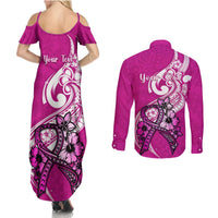 Personalised Polynesia Breast Cancer Awareness Couples Matching Summer Maxi Dress and Long Sleeve Button Shirts Think Pink Polynesian Ribbon White Version - Wonder Print Shop