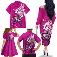 Personalised Polynesia Breast Cancer Awareness Family Matching Off Shoulder Long Sleeve Dress and Hawaiian Shirt Think Pink Polynesian Ribbon White Version - Wonder Print Shop