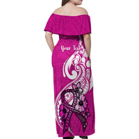 Personalised Polynesia Breast Cancer Awareness Family Matching Off Shoulder Maxi Dress and Hawaiian Shirt Think Pink Polynesian Ribbon White Version - Wonder Print Shop