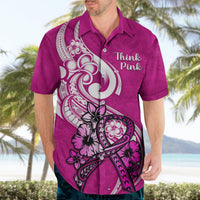 Pink Hawaiian shirt on model with front ribbon bow and “Think pink”
