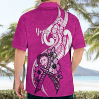 Pink Hawaiian shirt with back graphic, ribbon bow, and “Your Text” design