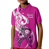 Personalised Polynesia Breast Cancer Awareness Kid Polo Shirt Think Pink Polynesian Ribbon White Version - Wonder Print Shop