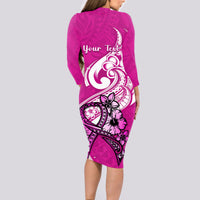 Personalised Polynesia Breast Cancer Awareness Long Sleeve Bodycon Dress Think Pink Polynesian Ribbon White Version - Wonder Print Shop