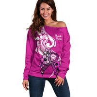 Personalised Polynesia Breast Cancer Awareness Off Shoulder Sweater Think Pink Polynesian Ribbon White Version - Wonder Print Shop