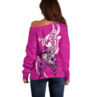 Personalised Polynesia Breast Cancer Awareness Off Shoulder Sweater Think Pink Polynesian Ribbon White Version - Wonder Print Shop