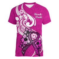 Personalised Polynesia Breast Cancer Awareness Women V Neck T Shirt Think Pink Polynesian Ribbon White Version - Wonder Print Shop