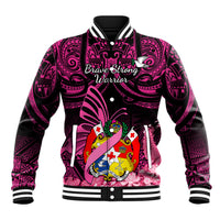 Presonalised Tonga Breast Cancer Awareness Baseball Jacket Pink Ribbon Brave Strong Warrior Tongan Ngatu Pattern - Wonder Print Shop