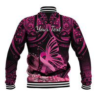 Presonalised Tonga Breast Cancer Awareness Baseball Jacket Pink Ribbon Brave Strong Warrior Tongan Ngatu Pattern - Wonder Print Shop