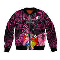 Presonalised Tonga Breast Cancer Awareness Bomber Jacket Pink Ribbon Brave Strong Warrior Tongan Ngatu Pattern - Wonder Print Shop
